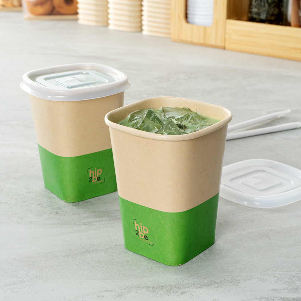 Hip 2 Be Square 12 oz Kraft and Green Paper Hot / Cold Drinking Cup - Single Wall - 3 1/4" x 3 1/4" x 4 1/4" - 500 count box