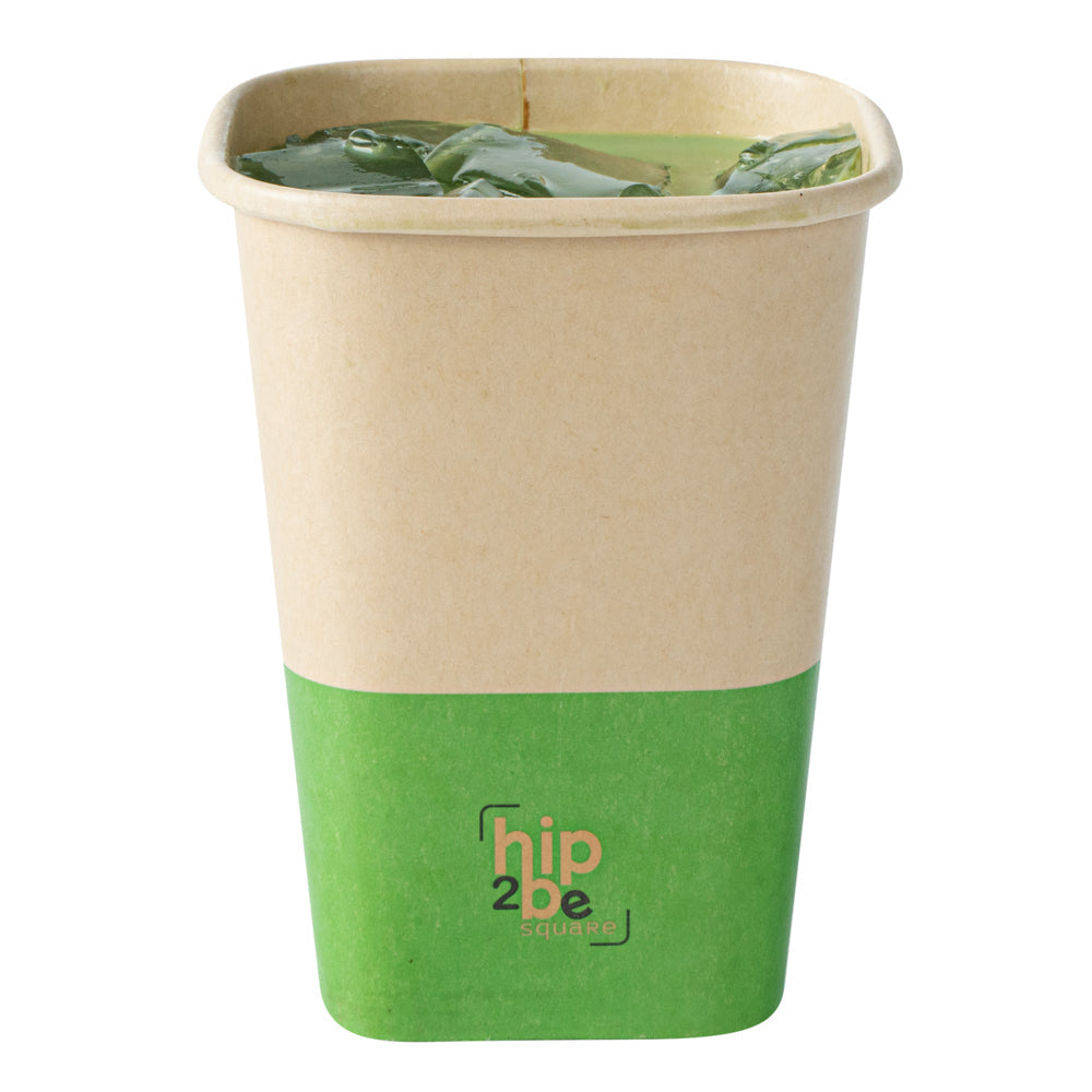 Hip 2 Be Square 12 oz Kraft and Green Paper Hot / Cold Drinking Cup - Single Wall - 3 1/4" x 3 1/4" x 4 1/4" - 500 count box