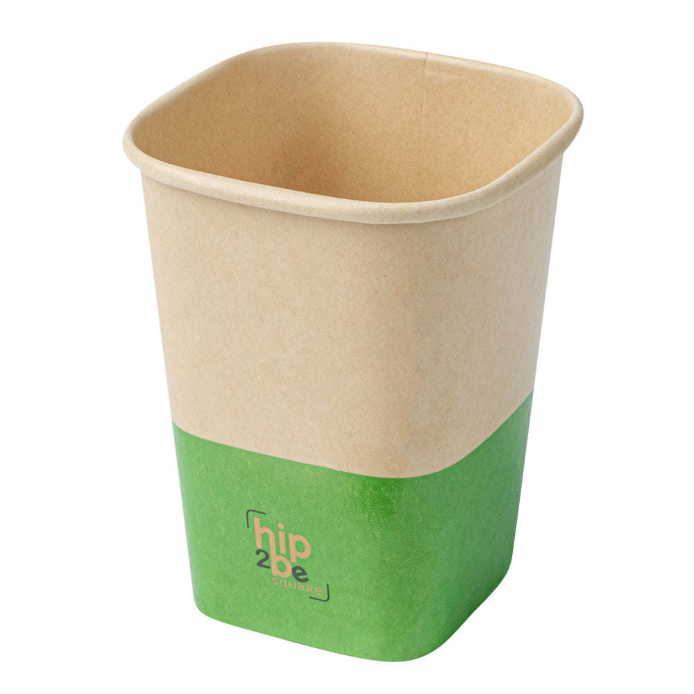 Hip 2 Be Square 12 oz Kraft and Green Paper Hot / Cold Drinking Cup - Single Wall - 3 1/4" x 3 1/4" x 4 1/4" - 500 count box