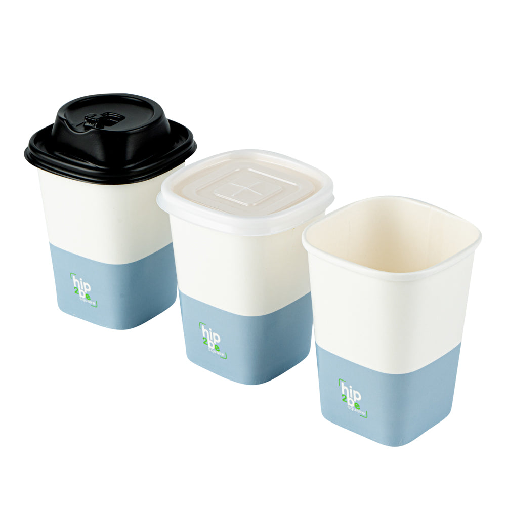 Hip 2 Be Square 12 oz White and Blue Paper Hot / Cold Drinking Cup - Single Wall - 3 1/4" x 3 1/4" x 4 1/4" - 25 count box
