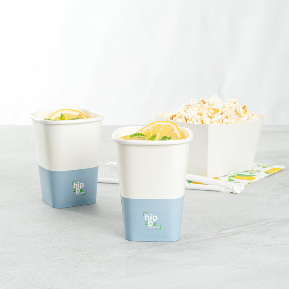 Hip 2 Be Square 12 oz White and Blue Paper Hot / Cold Drinking Cup - Single Wall - 3 1/4" x 3 1/4" x 4 1/4" - 25 count box