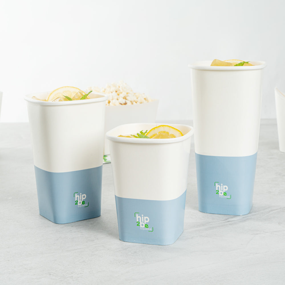 Hip 2 Be Square 12 oz White and Blue Paper Hot / Cold Drinking Cup - Single Wall - 3 1/4" x 3 1/4" x 4 1/4" - 25 count box