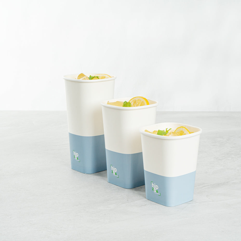 Hip 2 Be Square 12 oz White and Blue Paper Hot / Cold Drinking Cup - Single Wall - 3 1/4" x 3 1/4" x 4 1/4" - 25 count box
