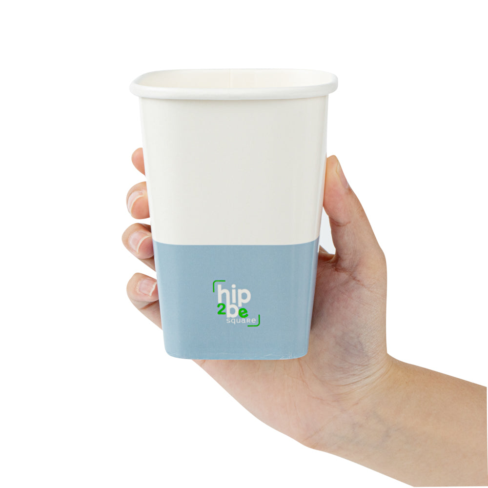Hip 2 Be Square 12 oz White and Blue Paper Hot / Cold Drinking Cup - Single Wall - 3 1/4" x 3 1/4" x 4 1/4" - 500 count box
