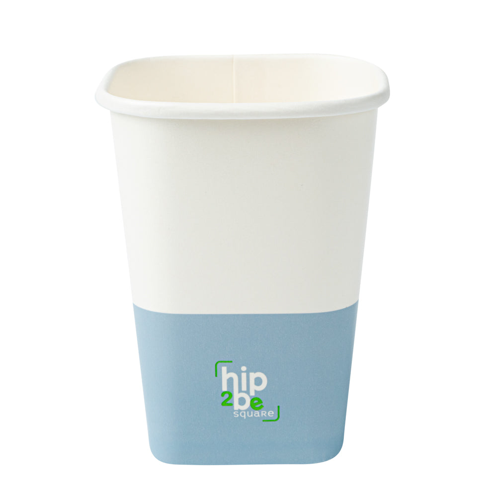 Hip 2 Be Square 12 oz White and Blue Paper Hot / Cold Drinking Cup - Single Wall - 3 1/4" x 3 1/4" x 4 1/4" - 500 count box