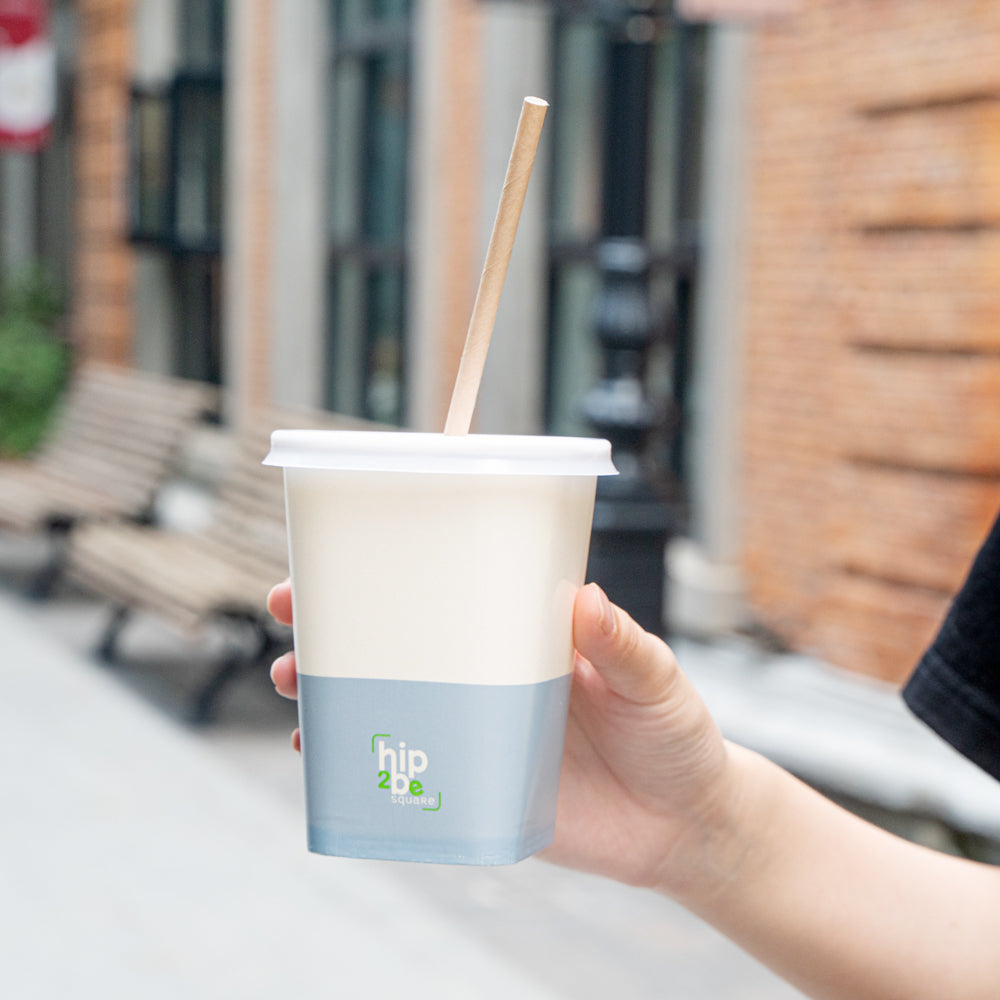 Hip 2 Be Square 12 oz White and Blue Paper Hot / Cold Drinking Cup - Single Wall - 3 1/4" x 3 1/4" x 4 1/4" - 500 count box