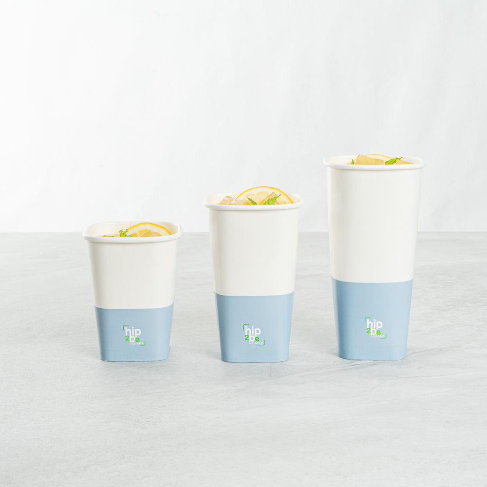 Hip 2 Be Square 12 oz White and Blue Paper Hot / Cold Drinking Cup - Single Wall - 3 1/4" x 3 1/4" x 4 1/4" - 500 count box