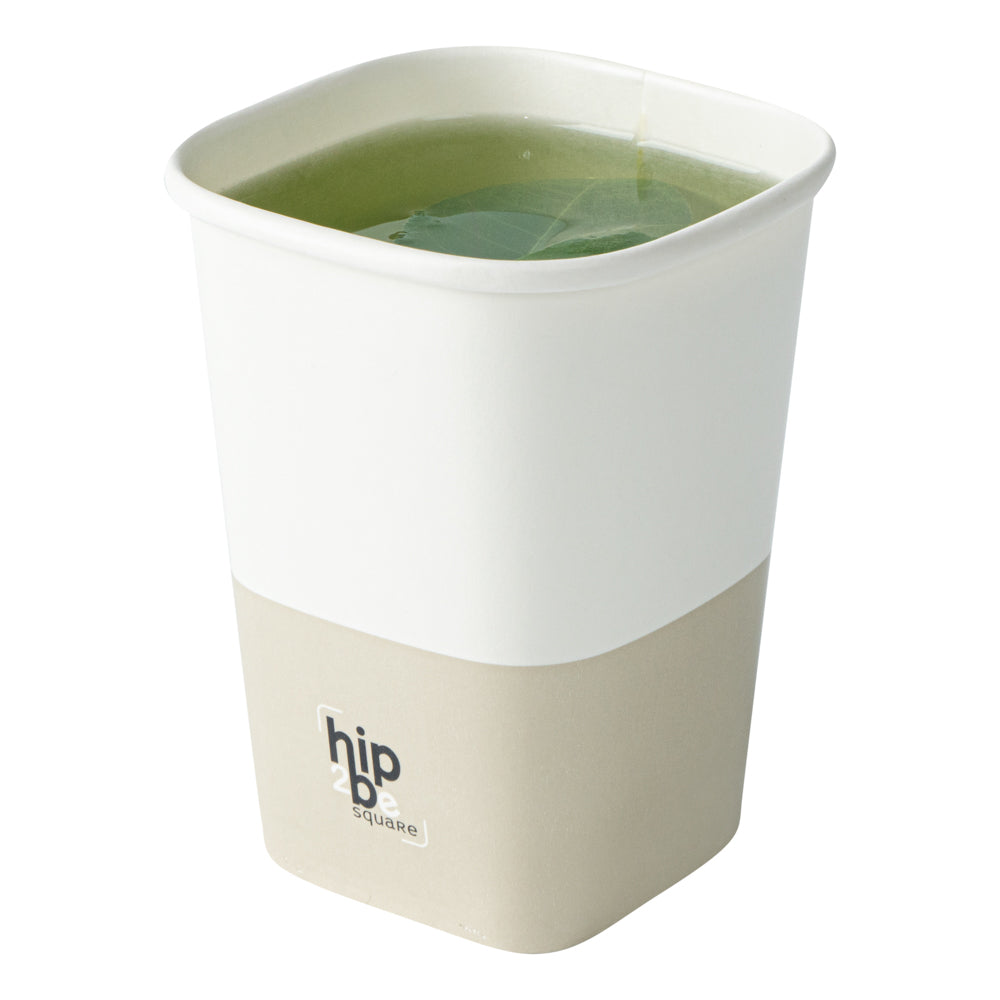 Hip 2 Be Square 12 oz White and Taupe Paper Hot / Cold Drinking Cup - Single Wall - 3 1/4" x 3 1/4" x 4 1/4" - 25 count box