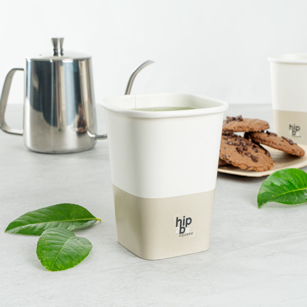 Hip 2 Be Square 12 oz White and Taupe Paper Hot / Cold Drinking Cup - Single Wall - 3 1/4" x 3 1/4" x 4 1/4" - 25 count box