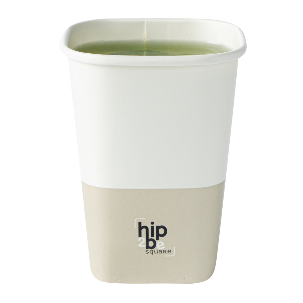 Hip 2 Be Square 12 oz White and Taupe Paper Hot / Cold Drinking Cup - Single Wall - 3 1/4" x 3 1/4" x 4 1/4" - 25 count box