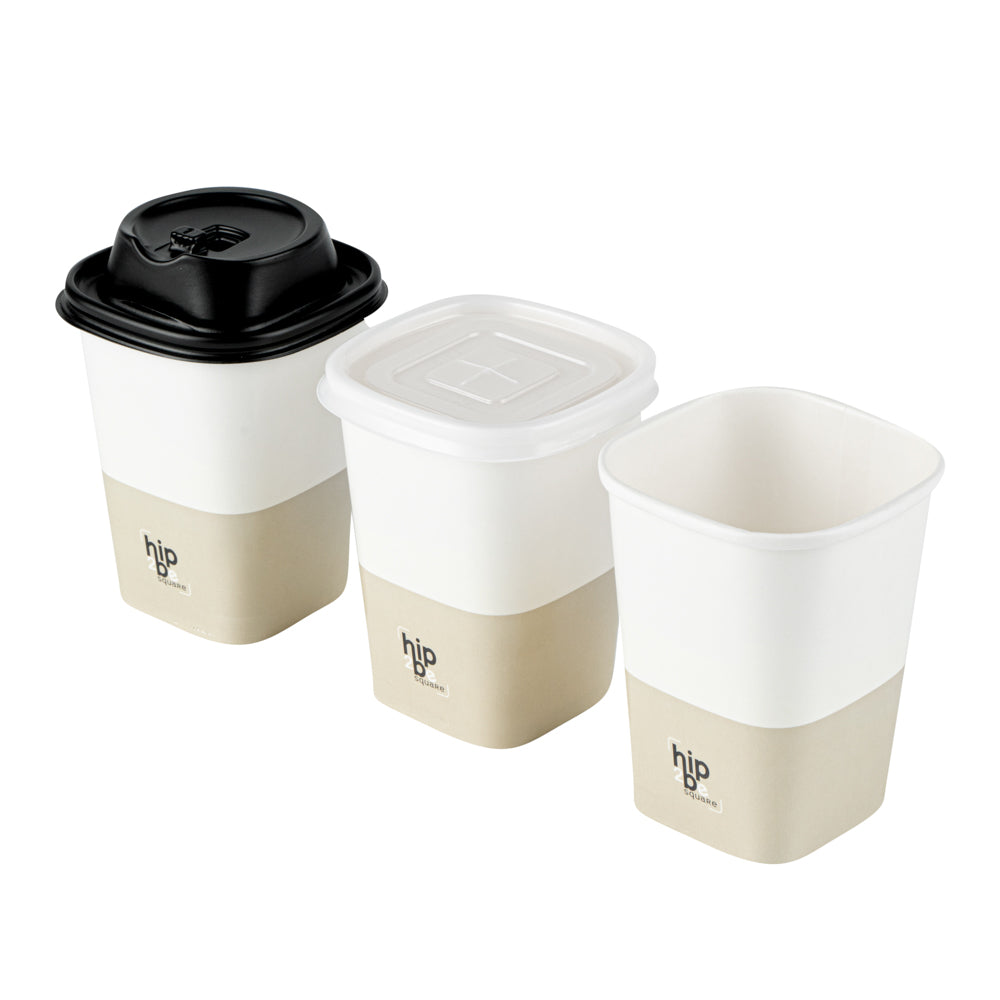 Hip 2 Be Square 12 oz White and Taupe Paper Hot / Cold Drinking Cup - Single Wall - 3 1/4" x 3 1/4" x 4 1/4" - 25 count box
