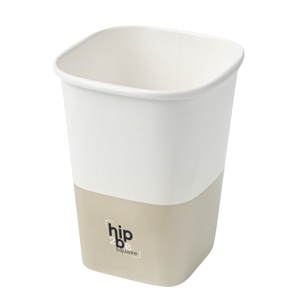 Hip 2 Be Square 12 oz White and Taupe Paper Hot / Cold Drinking Cup - Single Wall - 3 1/4" x 3 1/4" x 4 1/4" - 25 count box