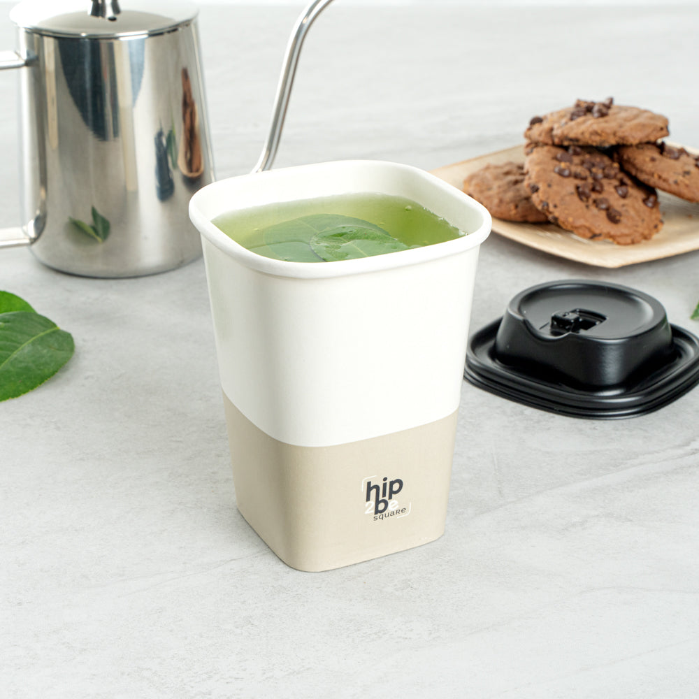 Hip 2 Be Square 12 oz White and Taupe Paper Hot / Cold Drinking Cup - Single Wall - 3 1/4" x 3 1/4" x 4 1/4" - 25 count box