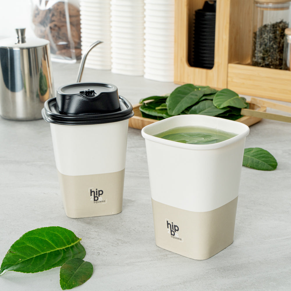 Hip 2 Be Square 12 oz White and Taupe Paper Hot / Cold Drinking Cup - Single Wall - 3 1/4" x 3 1/4" x 4 1/4" - 25 count box