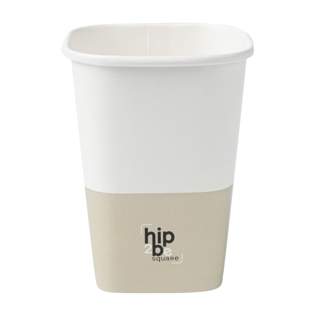 Hip 2 Be Square 12 oz White and Taupe Paper Hot / Cold Drinking Cup - Single Wall - 3 1/4" x 3 1/4" x 4 1/4" - 500 count box