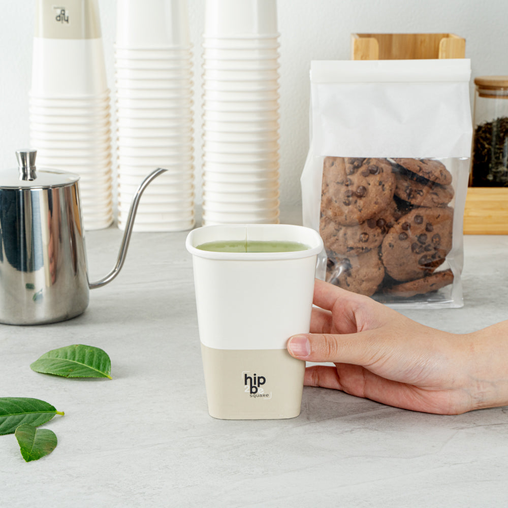 Hip 2 Be Square 12 oz White and Taupe Paper Hot / Cold Drinking Cup - Single Wall - 3 1/4" x 3 1/4" x 4 1/4" - 500 count box
