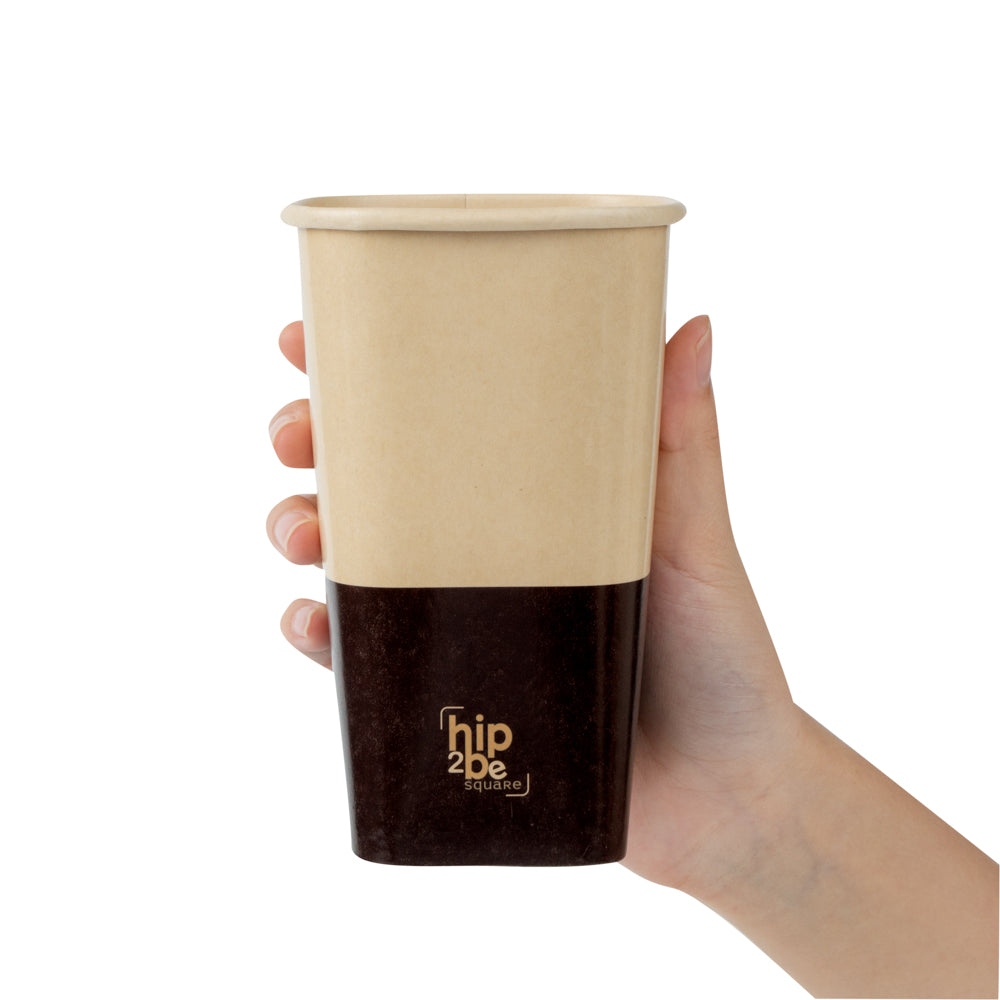 Hip 2 Be Square 16 oz Kraft and Brown Paper Hot / Cold Drinking Cup - Single Wall - 3 1/4" x 3 1/4" x 5 1/2" - 25 count box