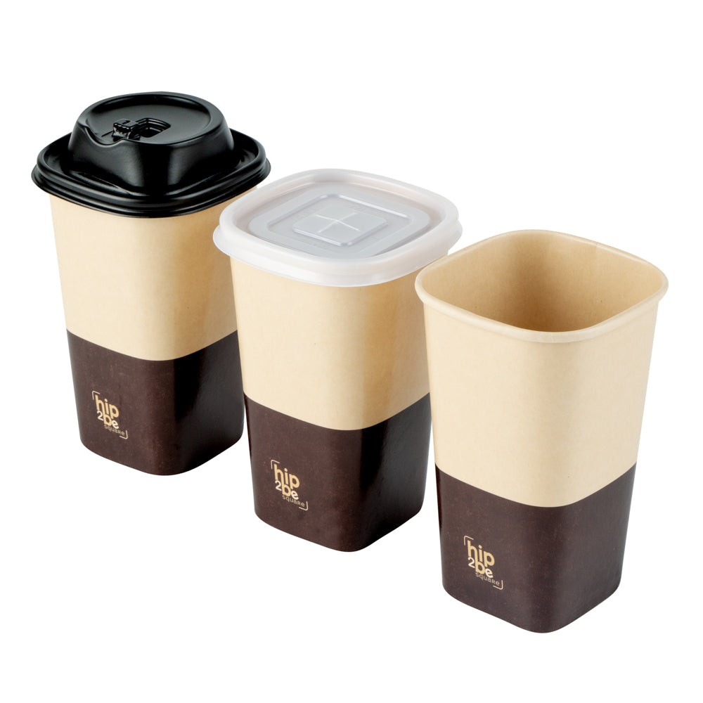 Hip 2 Be Square 16 oz Kraft and Brown Paper Hot / Cold Drinking Cup - Single Wall - 3 1/4" x 3 1/4" x 5 1/2" - 25 count box