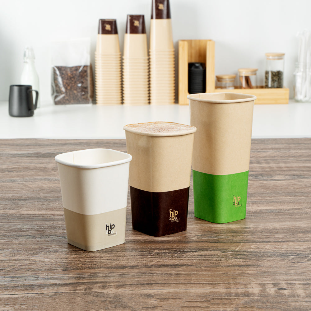 Hip 2 Be Square 16 oz Kraft and Brown Paper Hot / Cold Drinking Cup - Single Wall - 3 1/4" x 3 1/4" x 5 1/2" - 500 count box