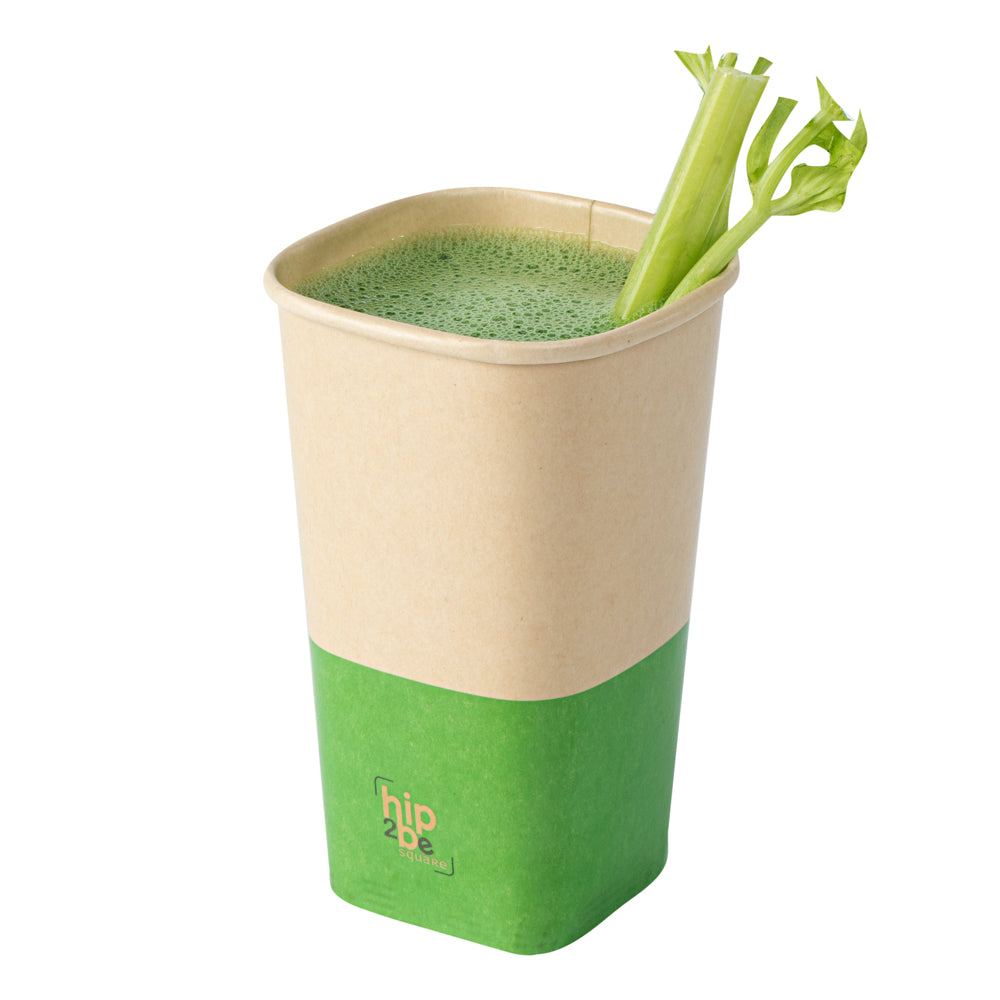 Hip 2 Be Square 16 oz Kraft and Green Paper Hot / Cold Drinking Cup - Single Wall - 3 1/4" x 3 1/4" x 5 1/2" - 25 count box