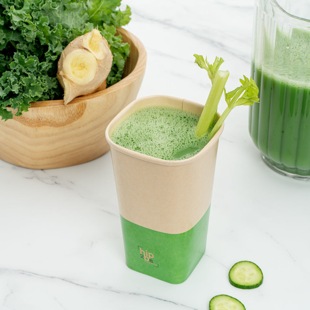 Hip 2 Be Square 16 oz Kraft and Green Paper Hot / Cold Drinking Cup - Single Wall - 3 1/4" x 3 1/4" x 5 1/2" - 25 count box