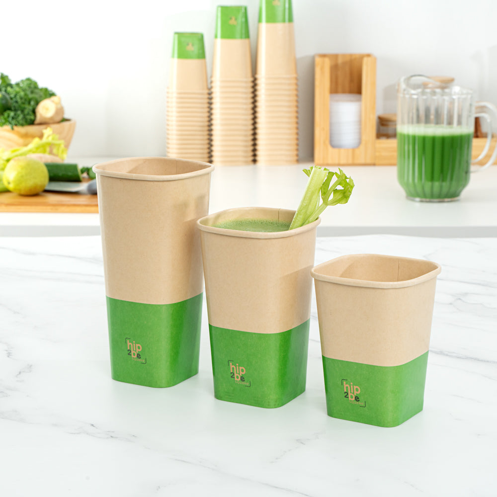 Hip 2 Be Square 16 oz Kraft and Green Paper Hot / Cold Drinking Cup - Single Wall - 3 1/4" x 3 1/4" x 5 1/2" - 25 count box