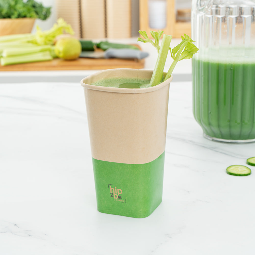 Hip 2 Be Square 16 oz Kraft and Green Paper Hot / Cold Drinking Cup - Single Wall - 3 1/4" x 3 1/4" x 5 1/2" - 500 count box