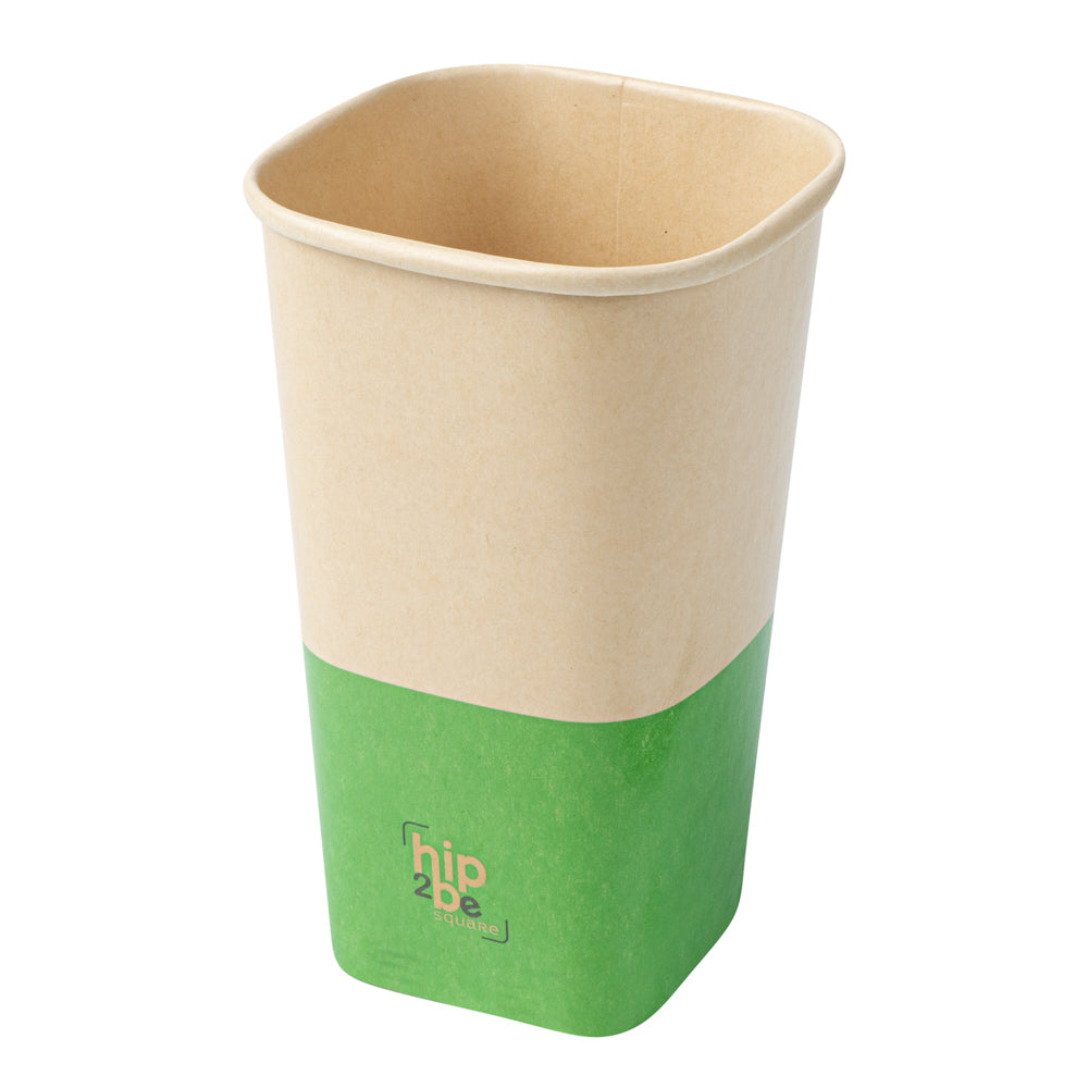 Hip 2 Be Square 16 oz Kraft and Green Paper Hot / Cold Drinking Cup - Single Wall - 3 1/4" x 3 1/4" x 5 1/2" - 500 count box