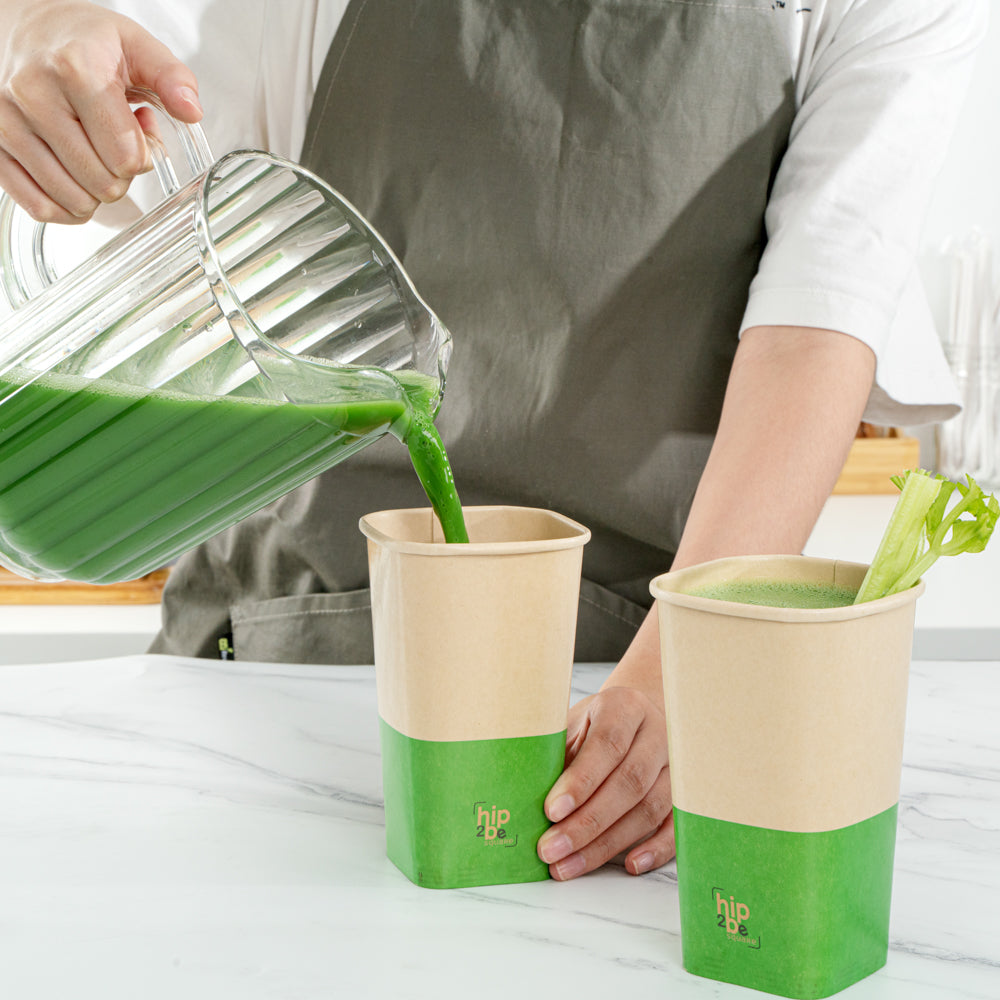 Hip 2 Be Square 16 oz Kraft and Green Paper Hot / Cold Drinking Cup - Single Wall - 3 1/4" x 3 1/4" x 5 1/2" - 500 count box