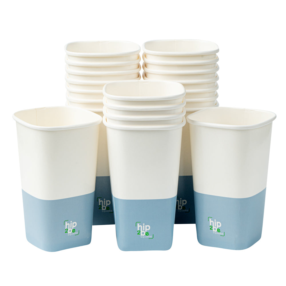 Hip 2 Be Square 16 oz White and Blue Paper Hot / Cold Drinking Cup - Single Wall - 3 1/4" x 3 1/4" x 5 1/2" - 25 count box