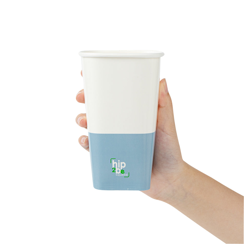 Hip 2 Be Square 16 oz White and Blue Paper Hot / Cold Drinking Cup - Single Wall - 3 1/4" x 3 1/4" x 5 1/2" - 25 count box
