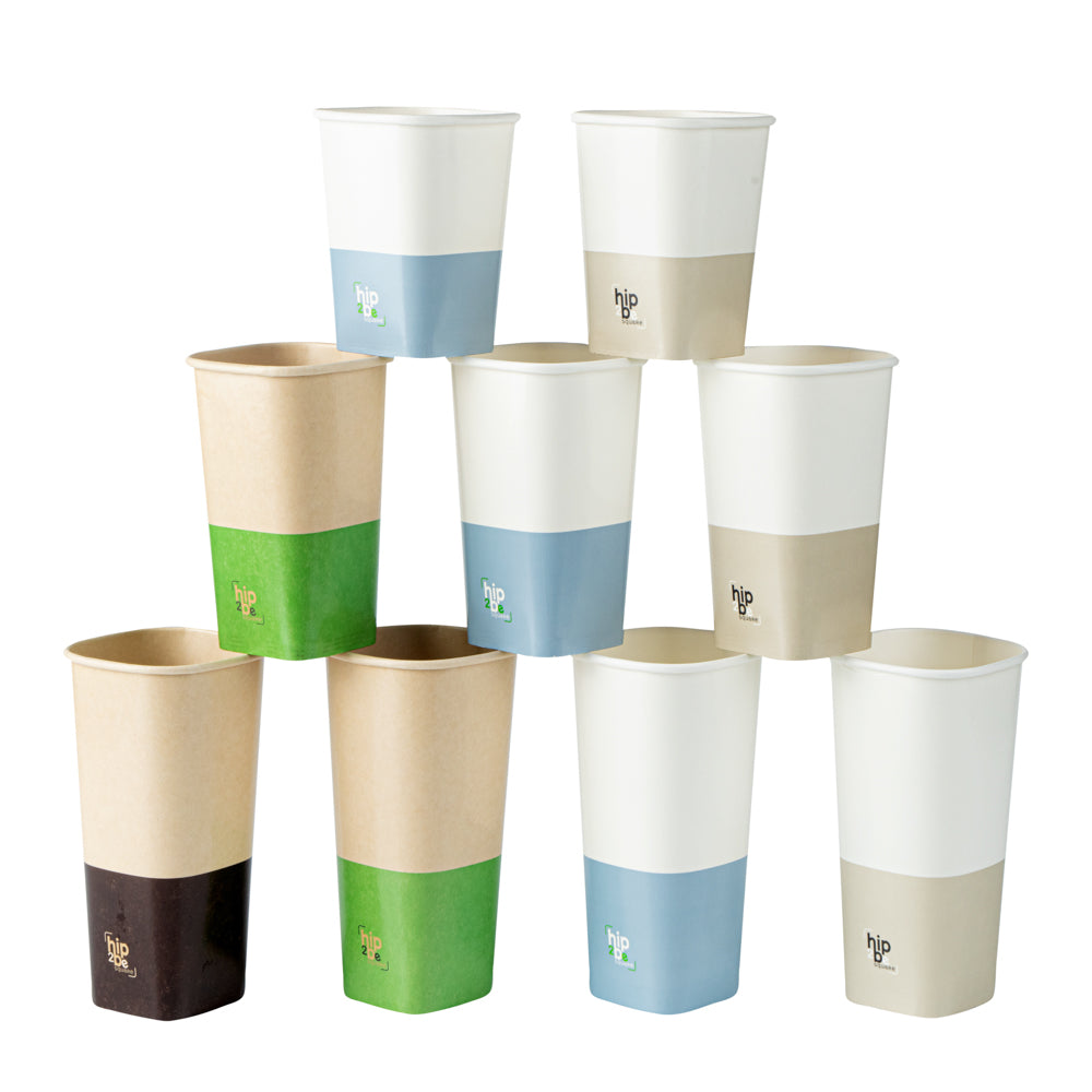 Hip 2 Be Square 16 oz White and Blue Paper Hot / Cold Drinking Cup - Single Wall - 3 1/4" x 3 1/4" x 5 1/2" - 25 count box
