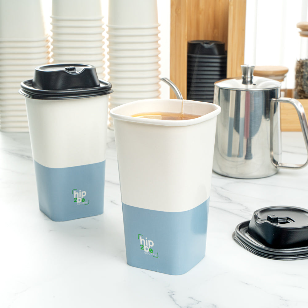 Hip 2 Be Square 16 oz White and Blue Paper Hot / Cold Drinking Cup - Single Wall - 3 1/4" x 3 1/4" x 5 1/2" - 25 count box
