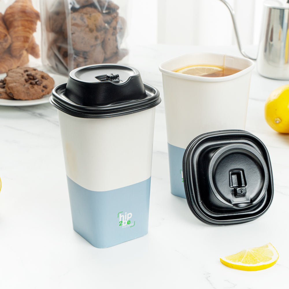Hip 2 Be Square 16 oz White and Blue Paper Hot / Cold Drinking Cup - Single Wall - 3 1/4" x 3 1/4" x 5 1/2" - 25 count box