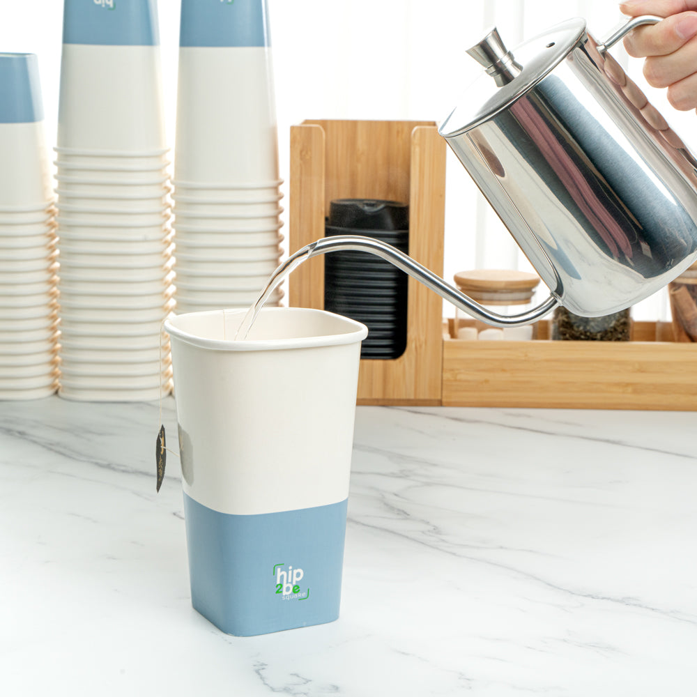 Hip 2 Be Square 16 oz White and Blue Paper Hot / Cold Drinking Cup - Single Wall - 3 1/4" x 3 1/4" x 5 1/2" - 25 count box