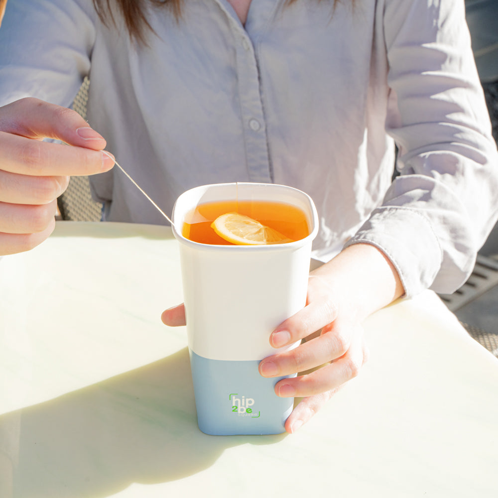 Hip 2 Be Square 16 oz White and Blue Paper Hot / Cold Drinking Cup - Single Wall - 3 1/4" x 3 1/4" x 5 1/2" - 25 count box