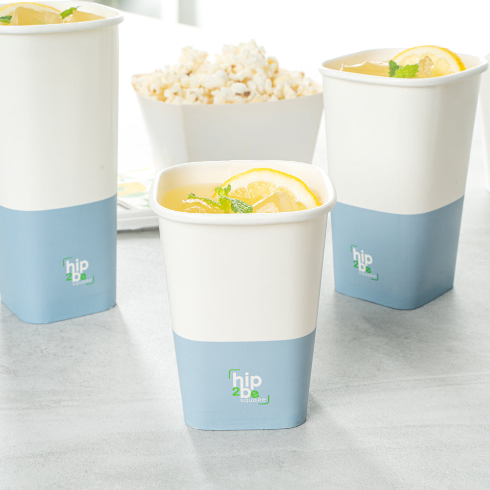 Hip 2 Be Square 16 oz White and Blue Paper Hot / Cold Drinking Cup - Single Wall - 3 1/4" x 3 1/4" x 5 1/2" - 25 count box