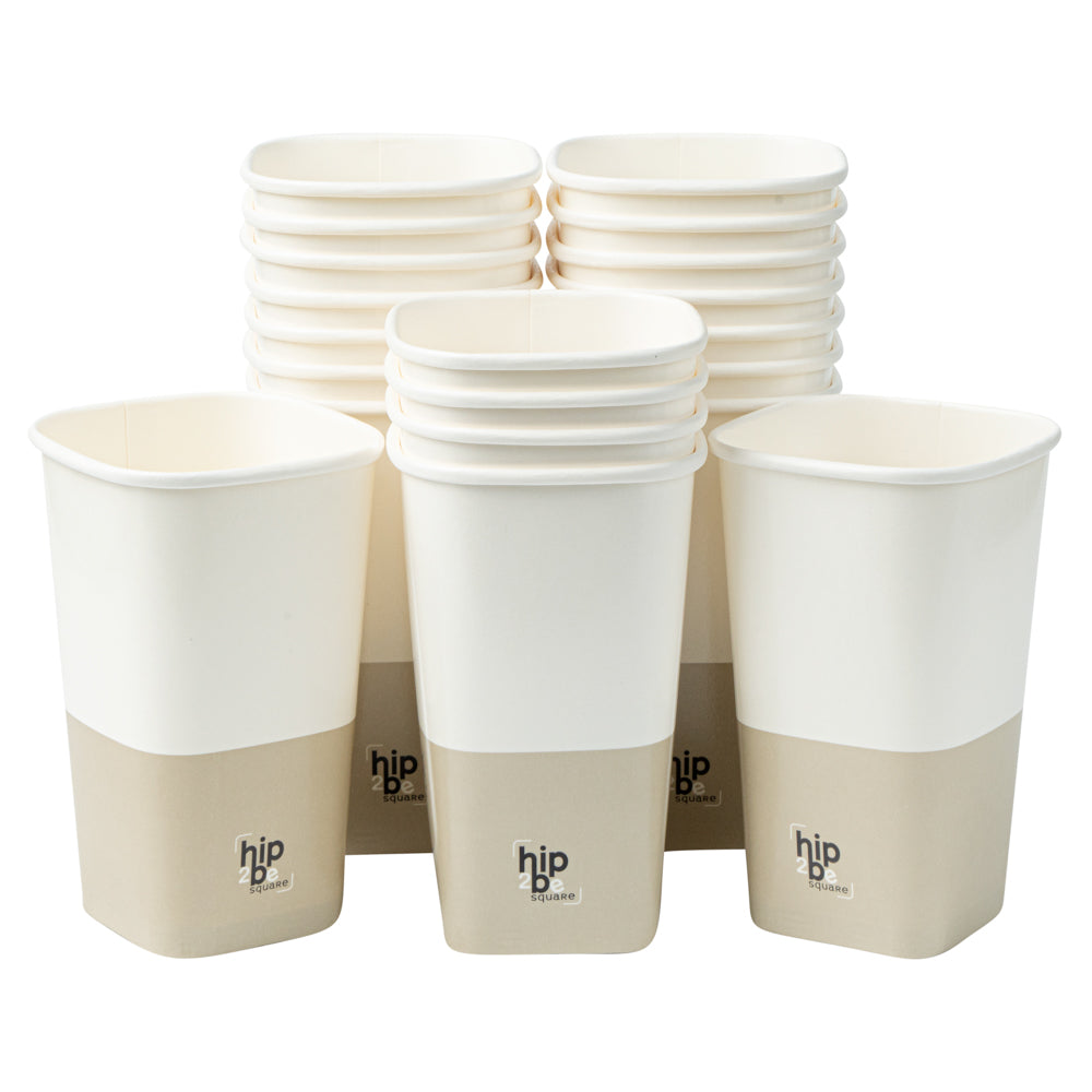 Hip 2 Be Square 16 oz White and Taupe Paper Hot / Cold Drinking Cup - Single Wall - 3 1/4" x 3 1/4" x 5 1/2" - 25 count box