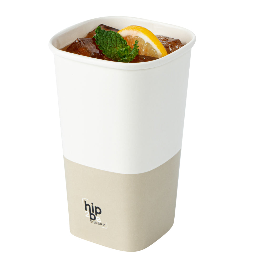 Hip 2 Be Square 16 oz White and Taupe Paper Hot / Cold Drinking Cup - Single Wall - 3 1/4" x 3 1/4" x 5 1/2" - 25 count box