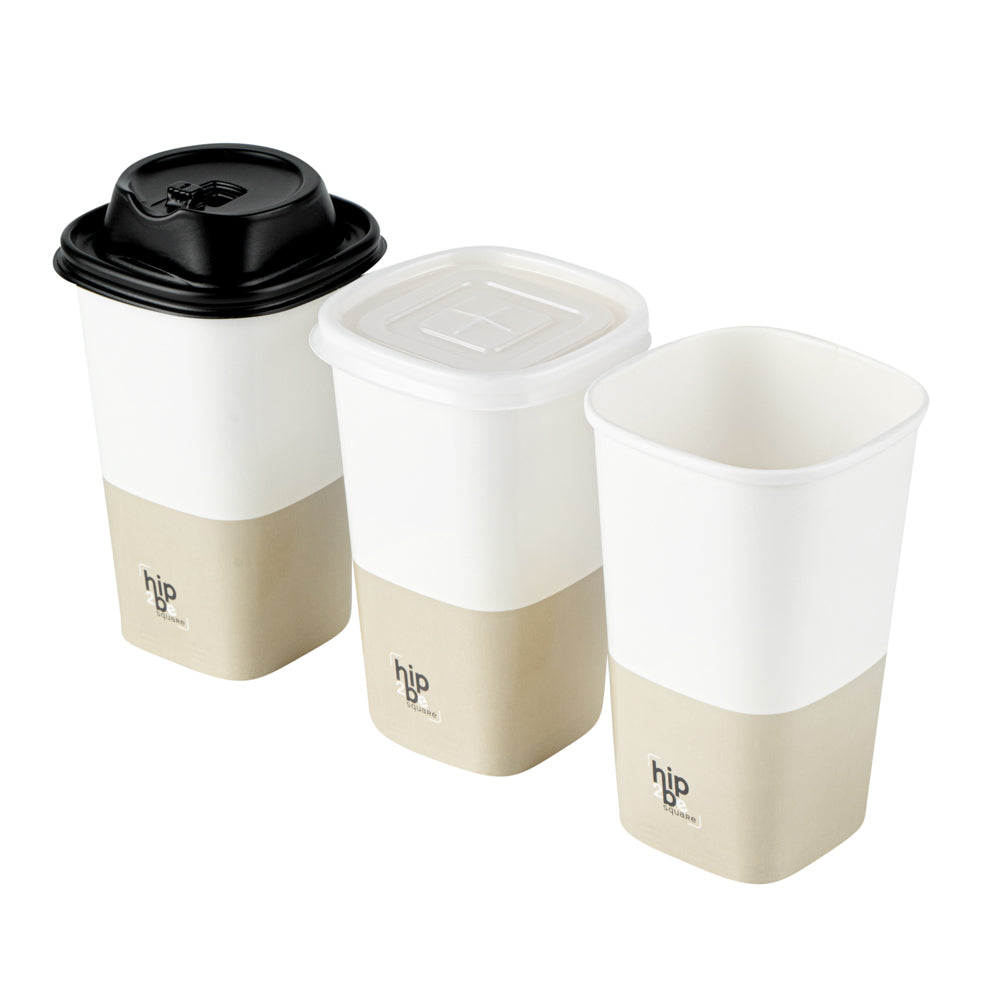 Hip 2 Be Square 16 oz White and Taupe Paper Hot / Cold Drinking Cup - Single Wall - 3 1/4" x 3 1/4" x 5 1/2" - 25 count box