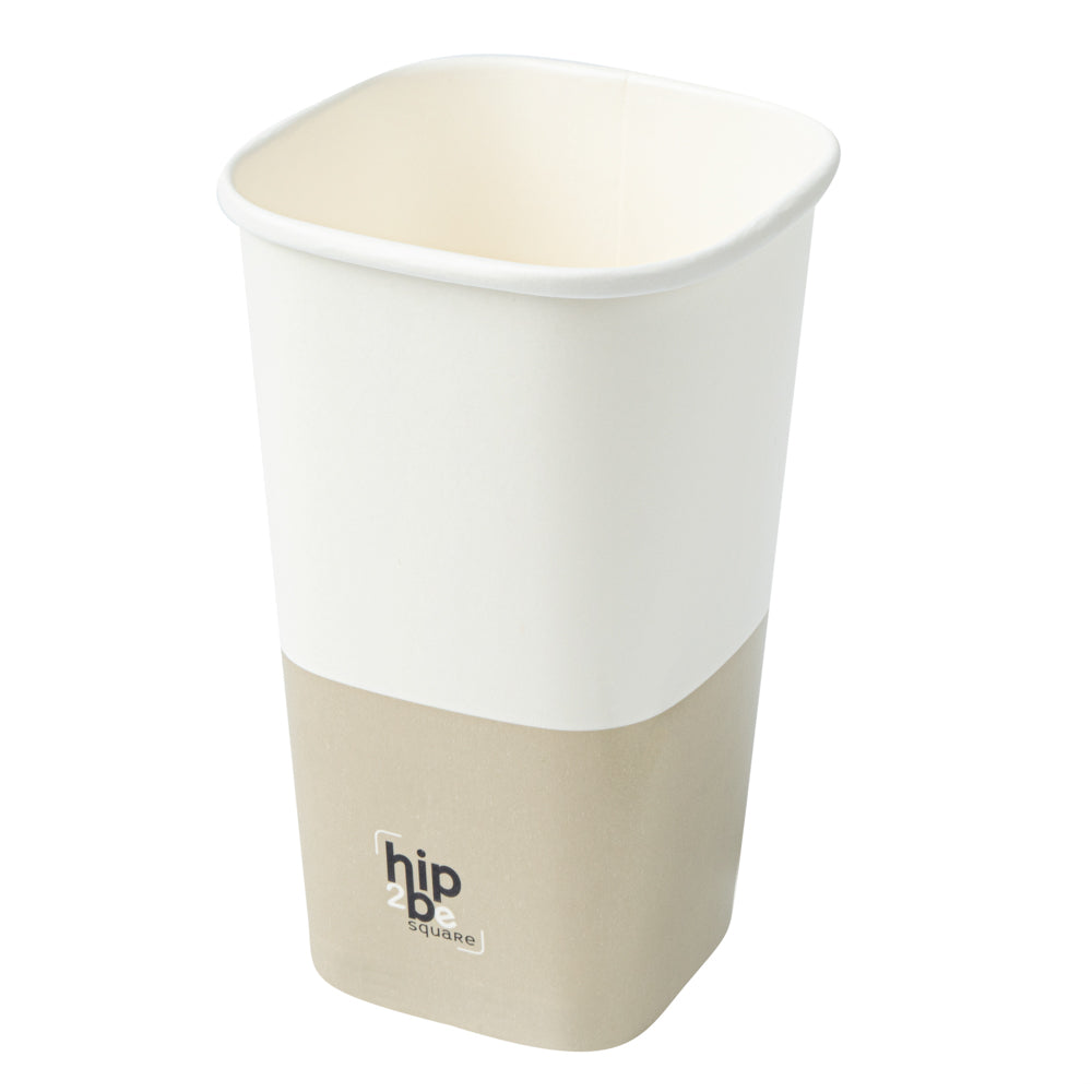 Hip 2 Be Square 16 oz White and Taupe Paper Hot / Cold Drinking Cup - Single Wall - 3 1/4" x 3 1/4" x 5 1/2" - 25 count box