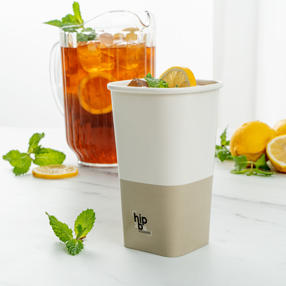 Hip 2 Be Square 16 oz White and Taupe Paper Hot / Cold Drinking Cup - Single Wall - 3 1/4" x 3 1/4" x 5 1/2" - 25 count box