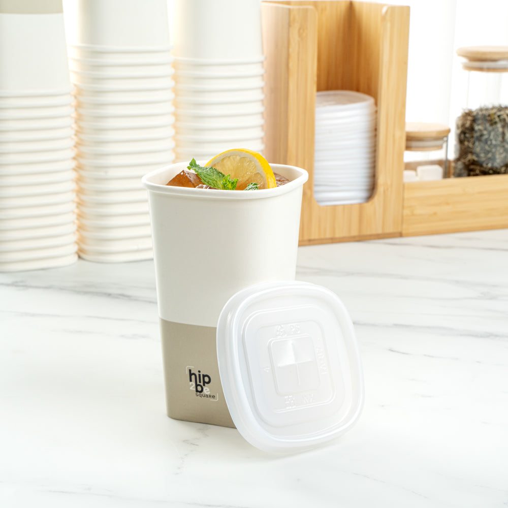 Hip 2 Be Square 16 oz White and Taupe Paper Hot / Cold Drinking Cup - Single Wall - 3 1/4" x 3 1/4" x 5 1/2" - 25 count box