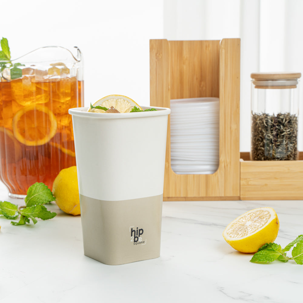 Hip 2 Be Square 16 oz White and Taupe Paper Hot / Cold Drinking Cup - Single Wall - 3 1/4" x 3 1/4" x 5 1/2" - 25 count box