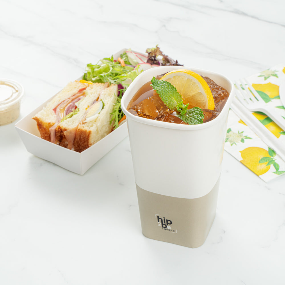 Hip 2 Be Square 16 oz White and Taupe Paper Hot / Cold Drinking Cup - Single Wall - 3 1/4" x 3 1/4" x 5 1/2" - 25 count box