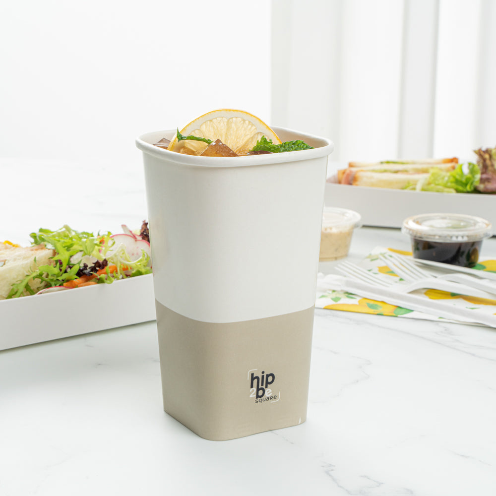 Hip 2 Be Square 16 oz White and Taupe Paper Hot / Cold Drinking Cup - Single Wall - 3 1/4" x 3 1/4" x 5 1/2" - 25 count box