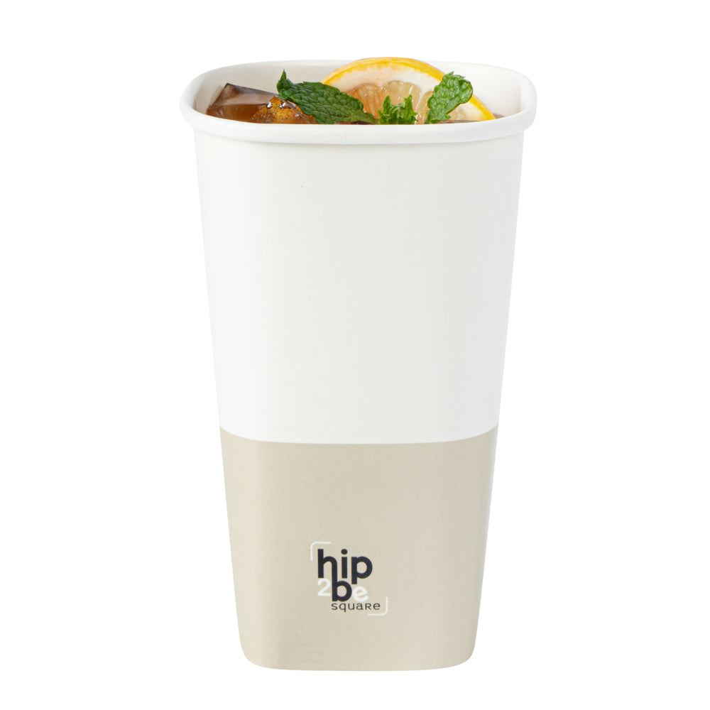 Hip 2 Be Square 16 oz White and Taupe Paper Hot / Cold Drinking Cup - Single Wall - 3 1/4" x 3 1/4" x 5 1/2" - 500 count box