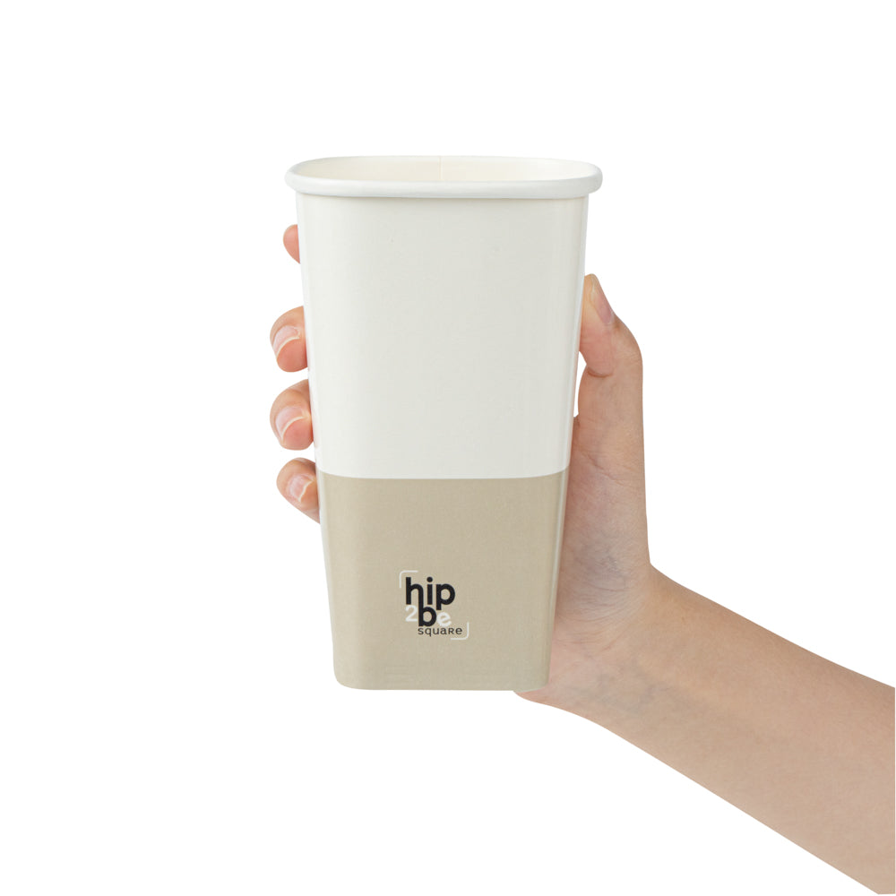 Hip 2 Be Square 16 oz White and Taupe Paper Hot / Cold Drinking Cup - Single Wall - 3 1/4" x 3 1/4" x 5 1/2" - 500 count box