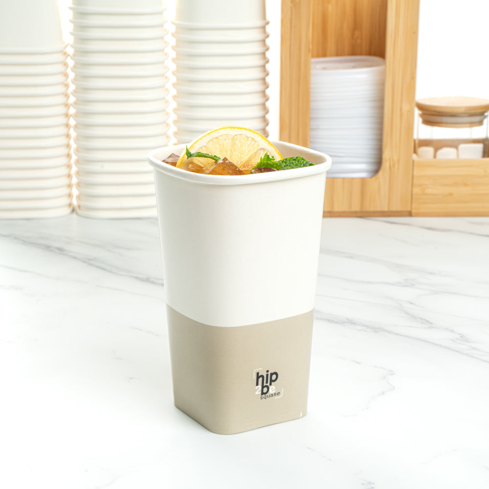 Hip 2 Be Square 16 oz White and Taupe Paper Hot / Cold Drinking Cup - Single Wall - 3 1/4" x 3 1/4" x 5 1/2" - 500 count box
