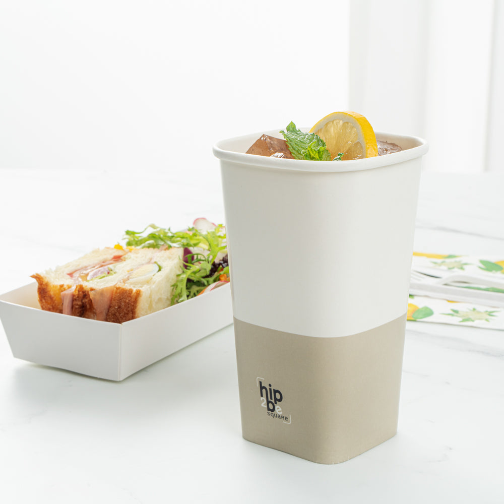Hip 2 Be Square 16 oz White and Taupe Paper Hot / Cold Drinking Cup - Single Wall - 3 1/4" x 3 1/4" x 5 1/2" - 500 count box